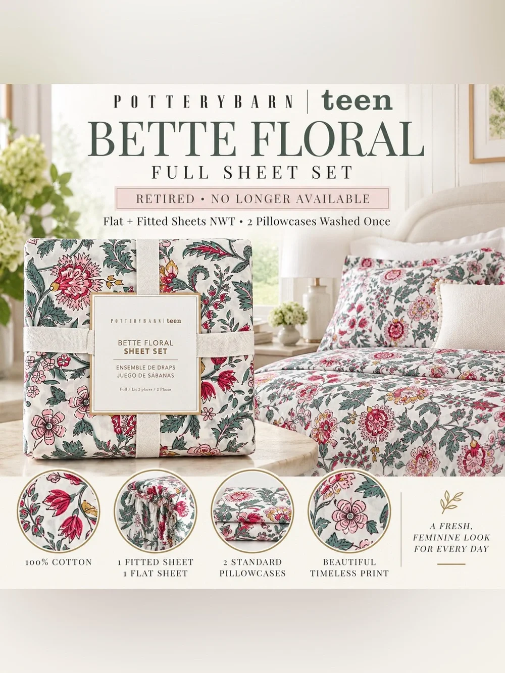 Pottery Barn Teen Bette Floral Full Sheet Set - Pink, Green, Cream | Retired